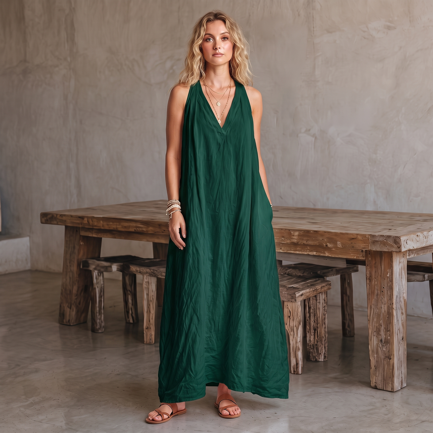 Avery linen-blend V-neck maxi dress in dark green, front view