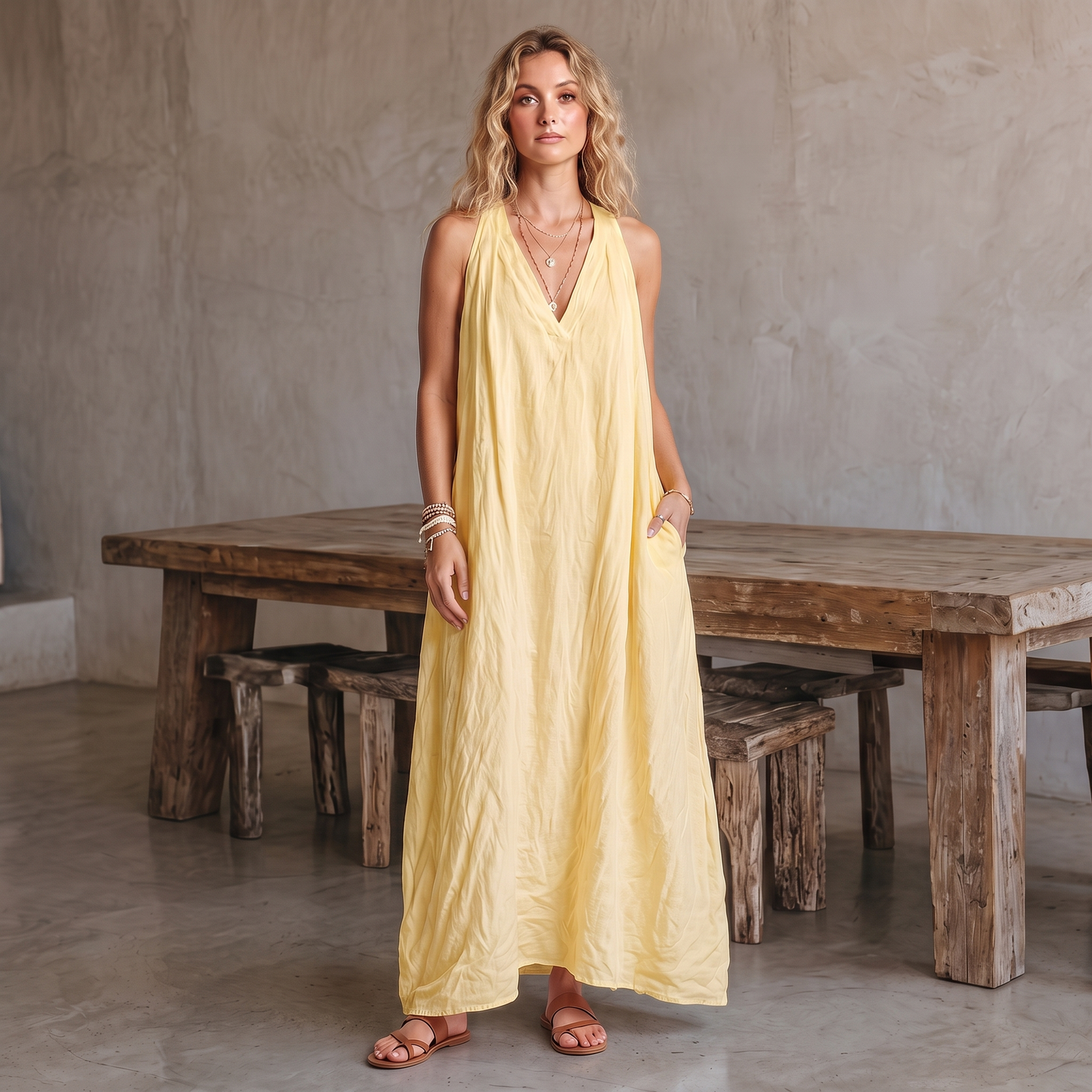Avery linen-blend V-neck maxi dress in yellow, turned with a hand in the pocket