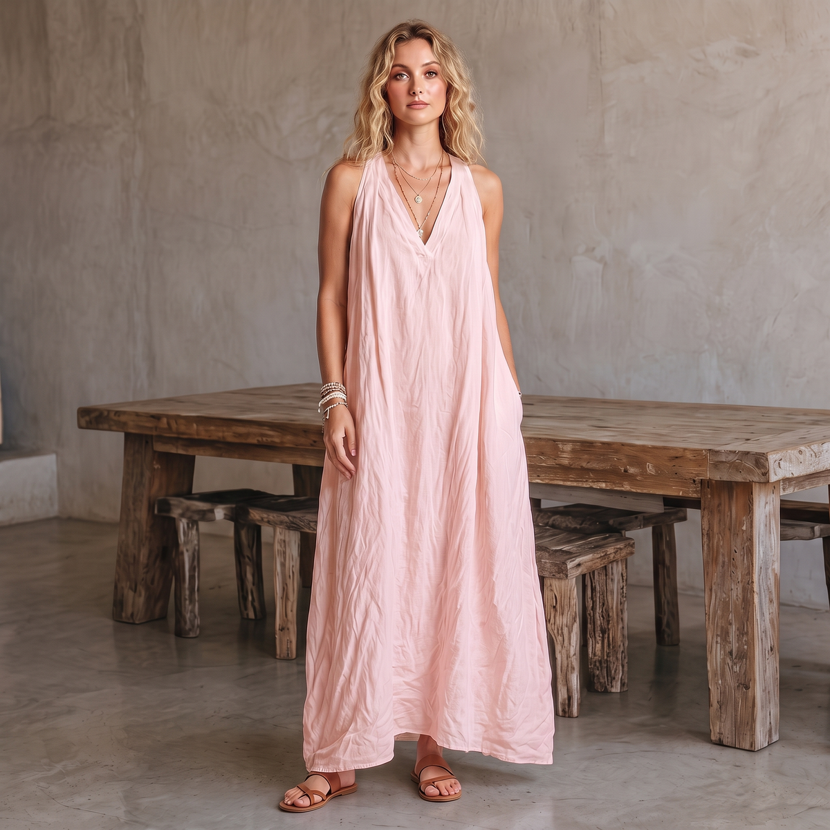 Avery linen-blend V-neck maxi dress in light pink, front view