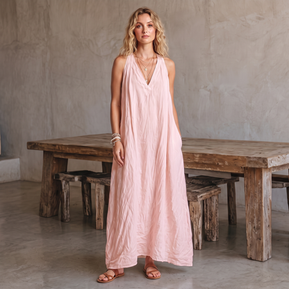 Avery linen-blend V-neck maxi dress in light pink, front view