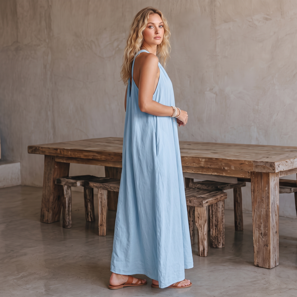 Avery linen-blend V-neck maxi dress in light blue, side view