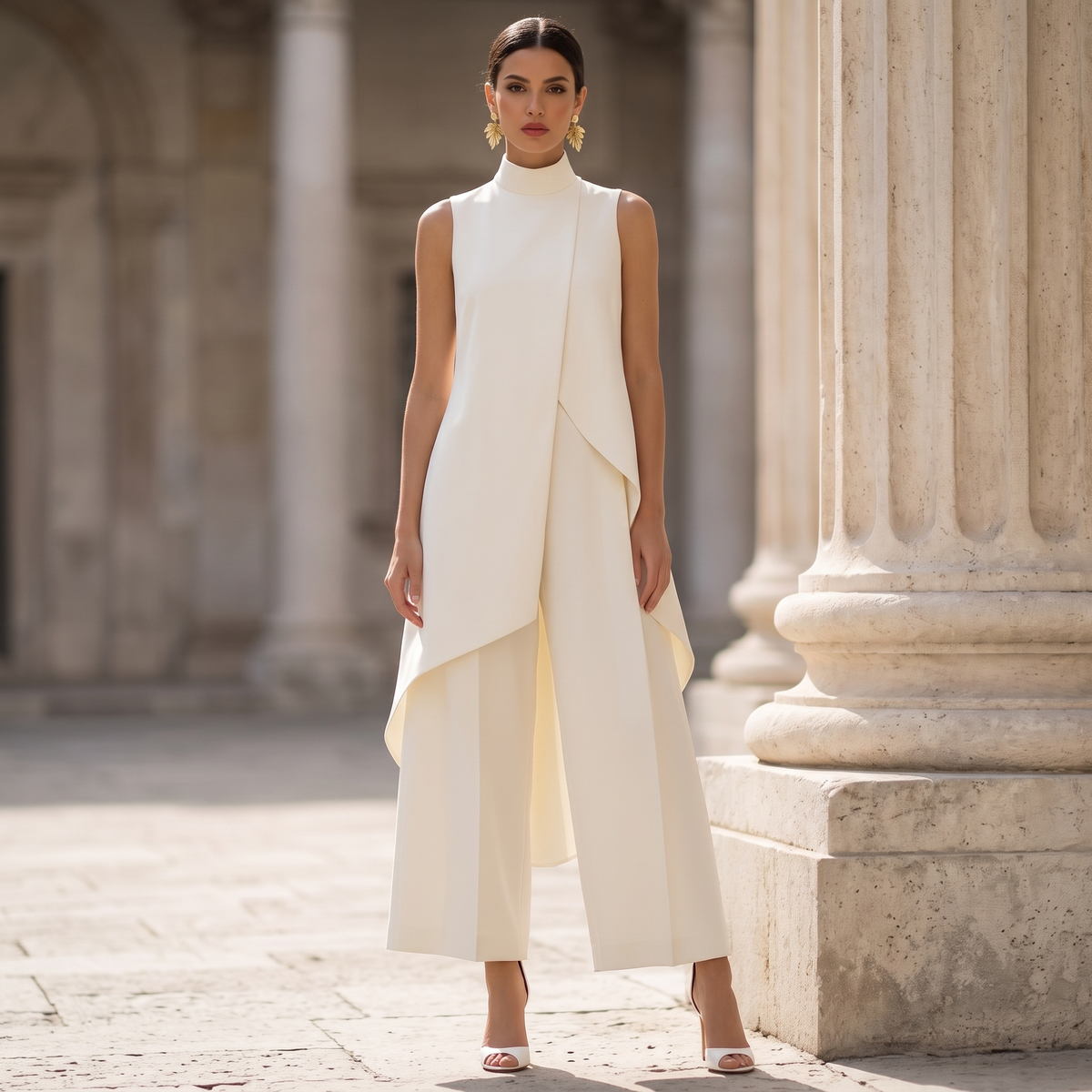 Eleanor high-neck tunic and cropped wide-leg pant set in ivory, front view