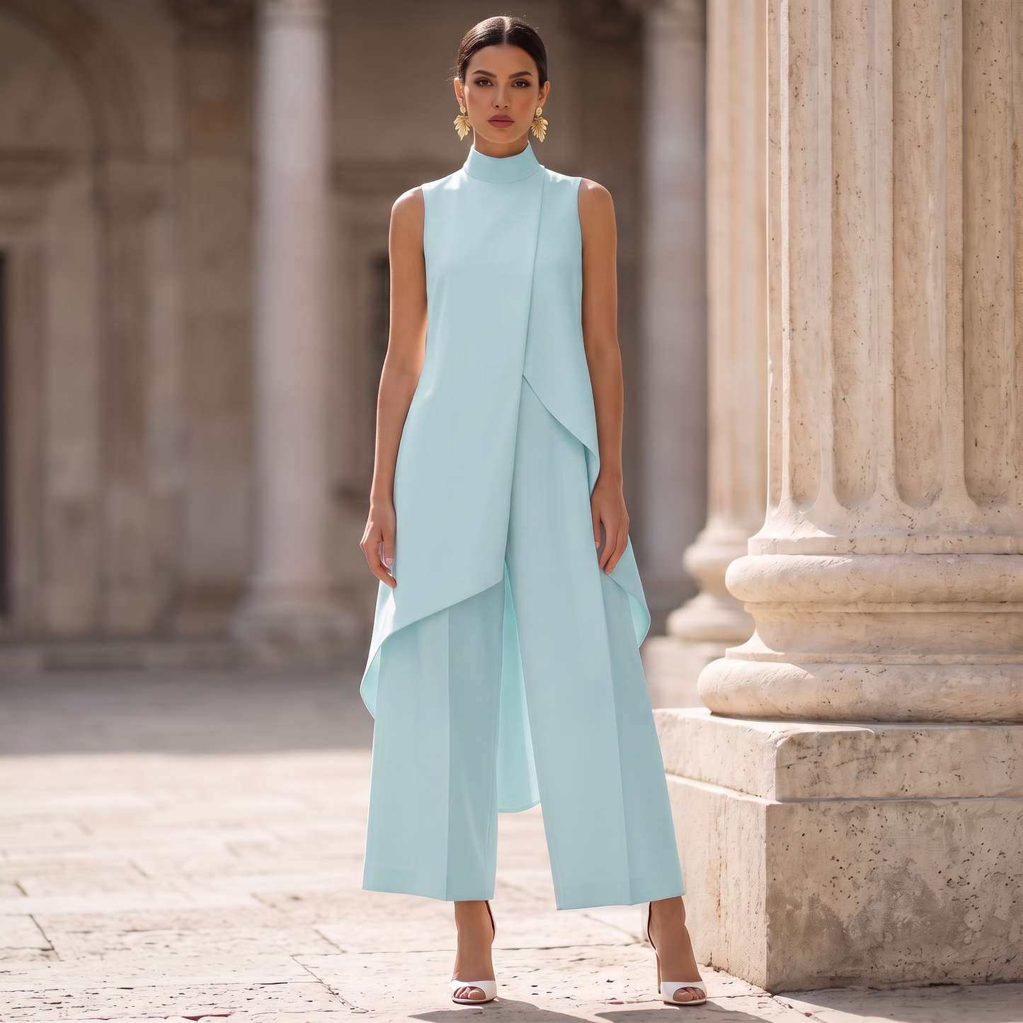 Eleanor high-neck tunic and cropped wide-leg pant set in light blue