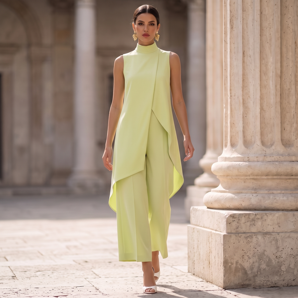 Eleanor high-neck tunic and cropped wide-leg pant set in light green