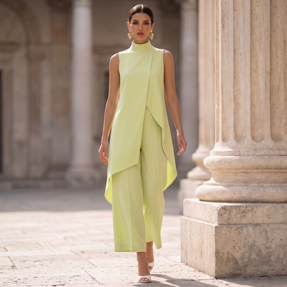Eleanor high-neck tunic and cropped wide-leg pant set in light green