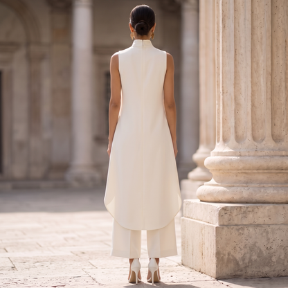 Eleanor set in ivory, back view showing the high stand collar and centre back seam