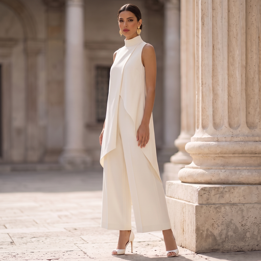Eleanor set in ivory, three-quarter side view showing the asymmetric overlay panel