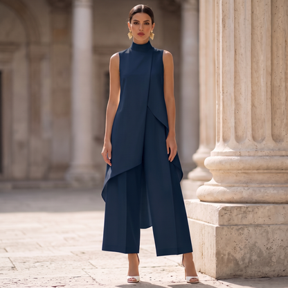 Eleanor high-neck tunic and cropped wide-leg pant set in navy