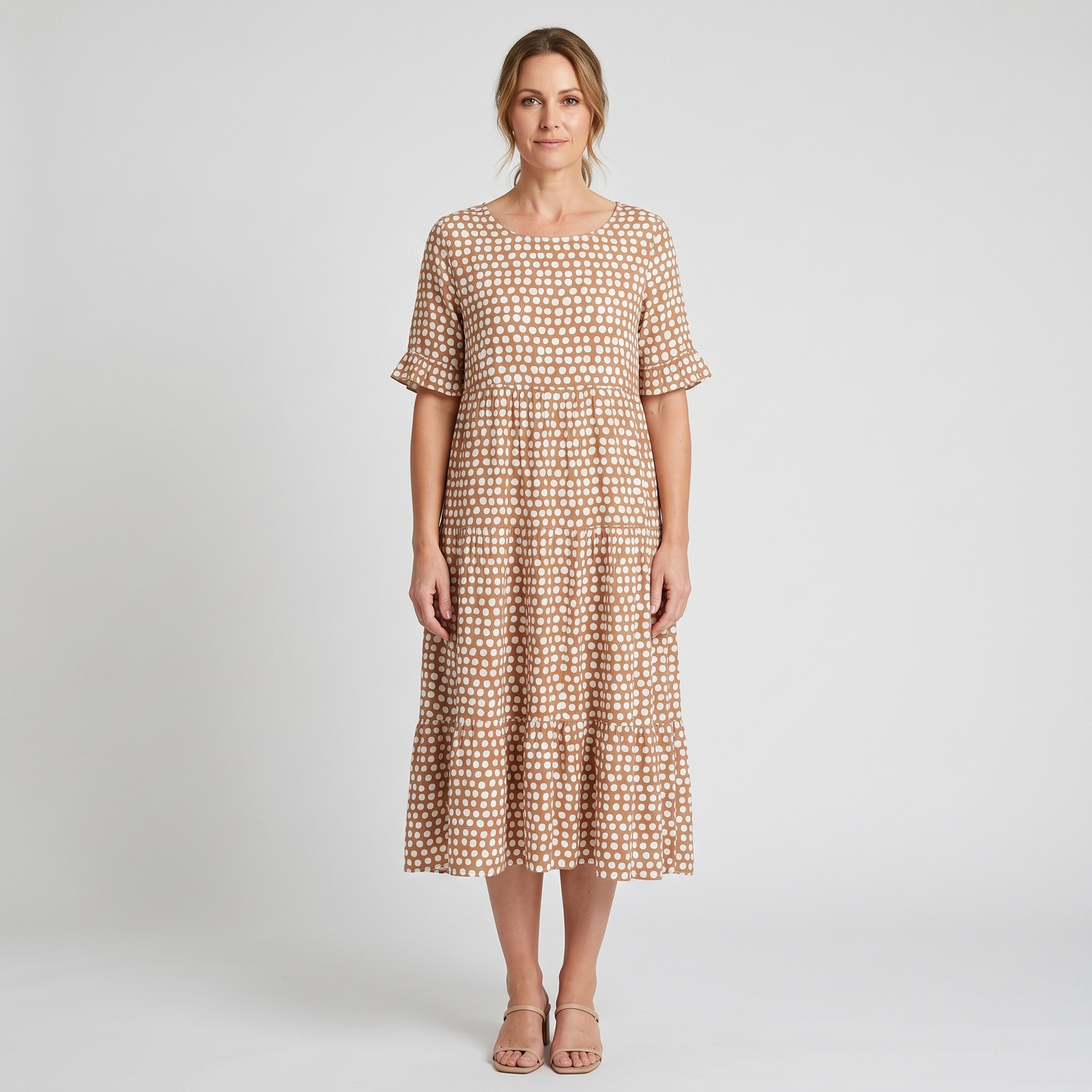 Sutton short-sleeve polka dot midi dress in camel, front view