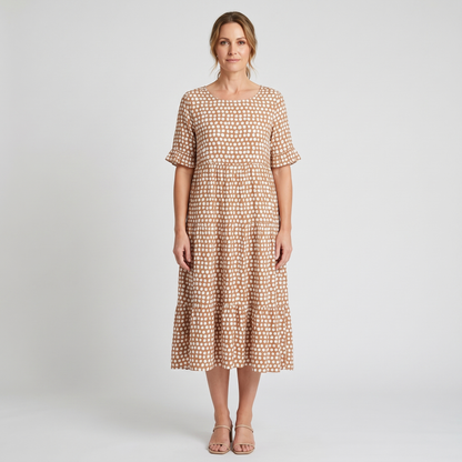 Sutton short-sleeve polka dot midi dress in camel, front view