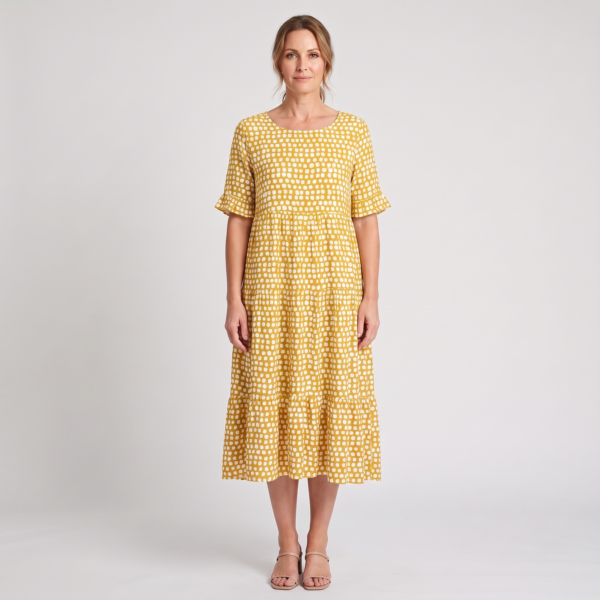 Sutton short-sleeve polka dot midi dress in yellow