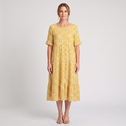Sutton short-sleeve polka dot midi dress in yellow