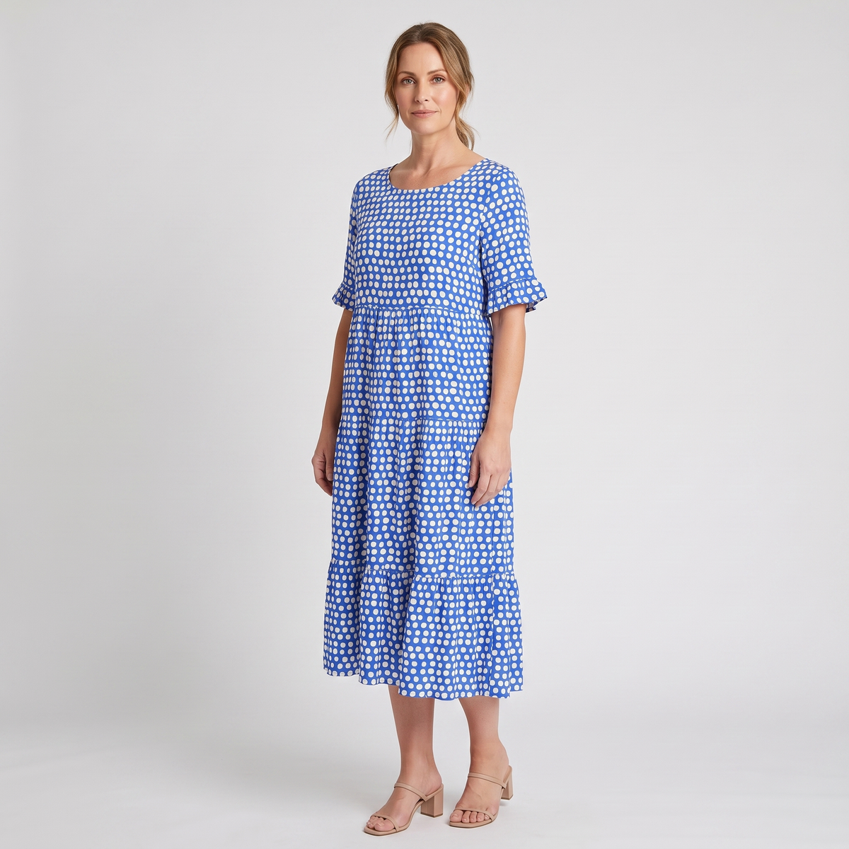 Sutton short-sleeve polka dot midi dress in royal blue