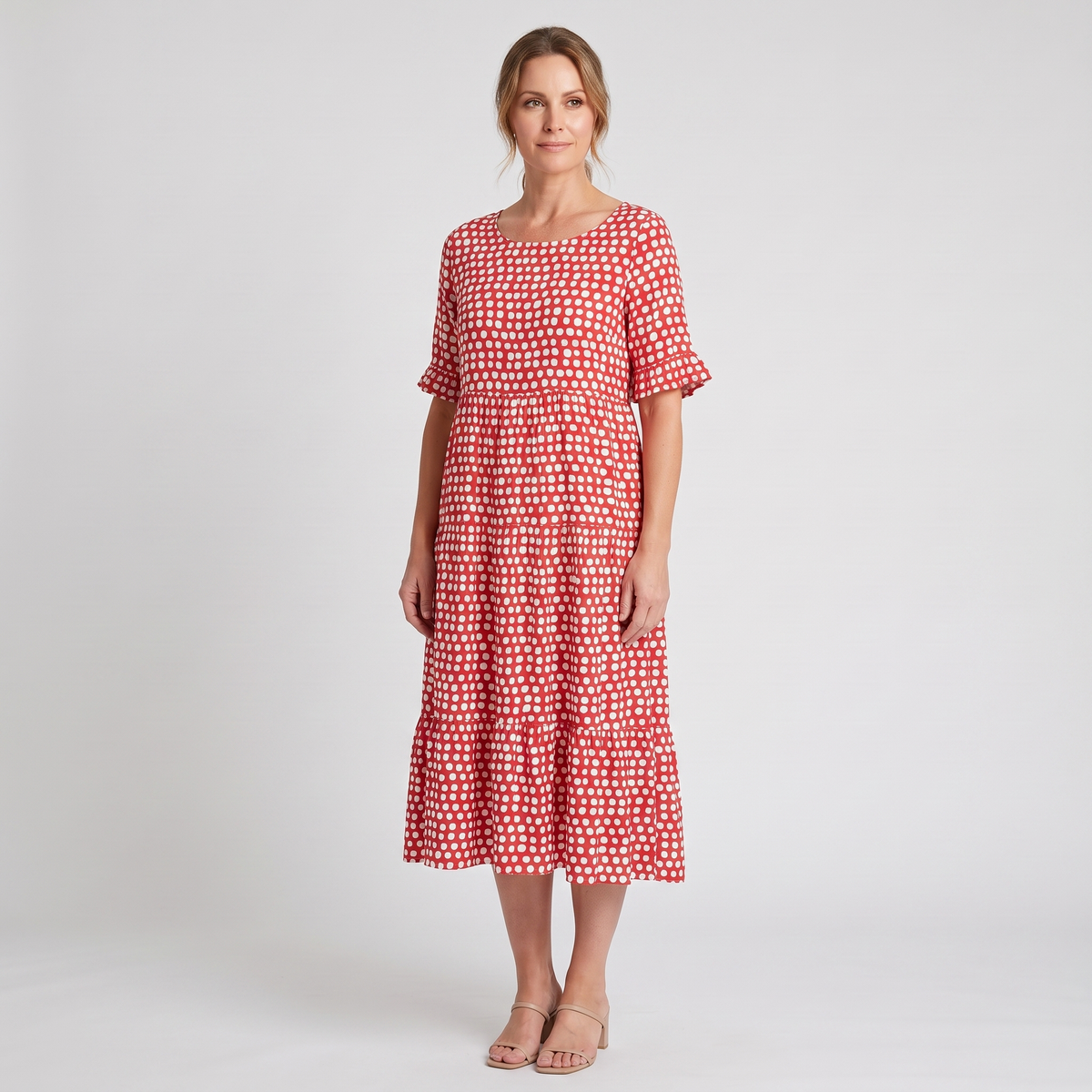 Sutton short-sleeve polka dot midi dress in red