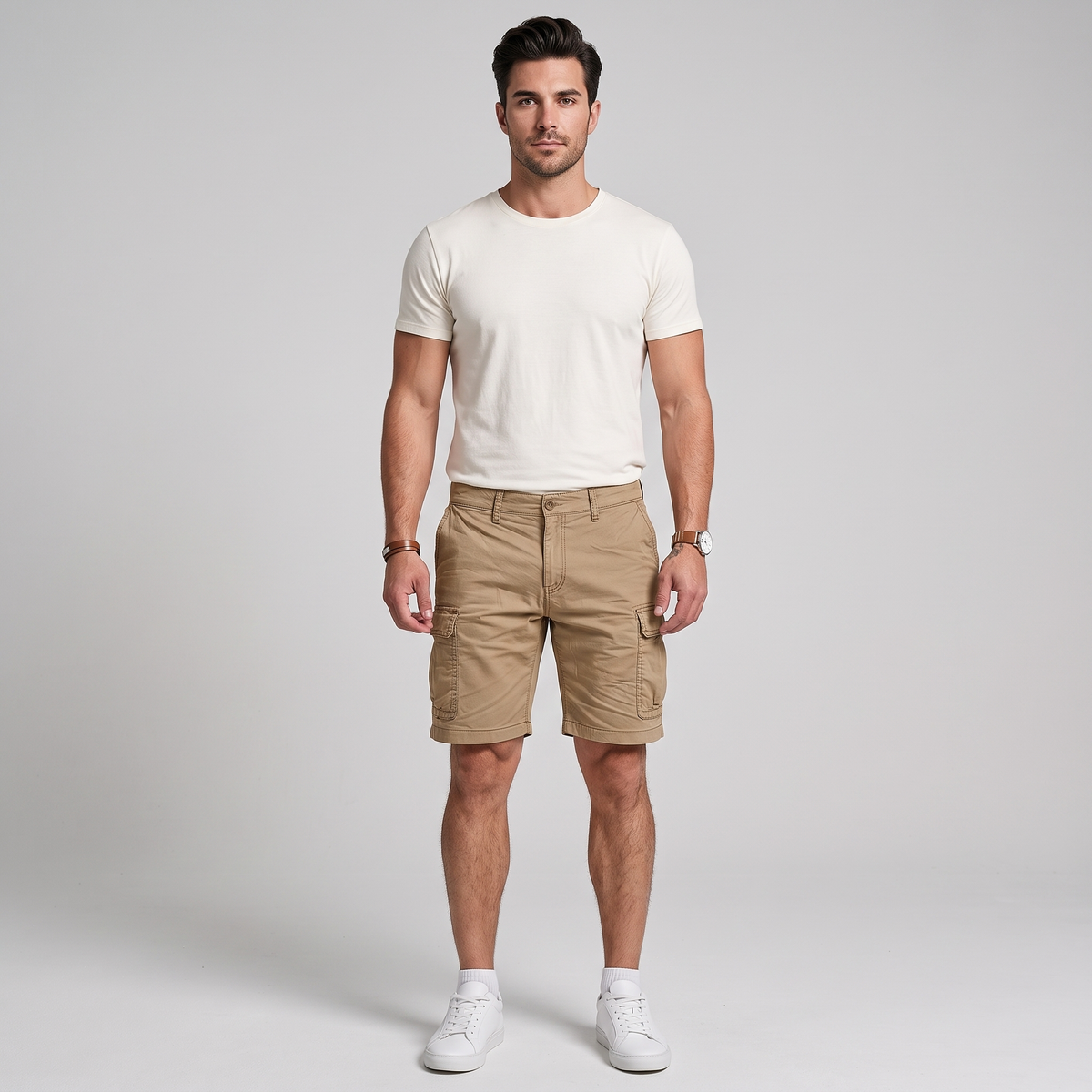 Man wearing Nash tan comfort cargo shorts, front view