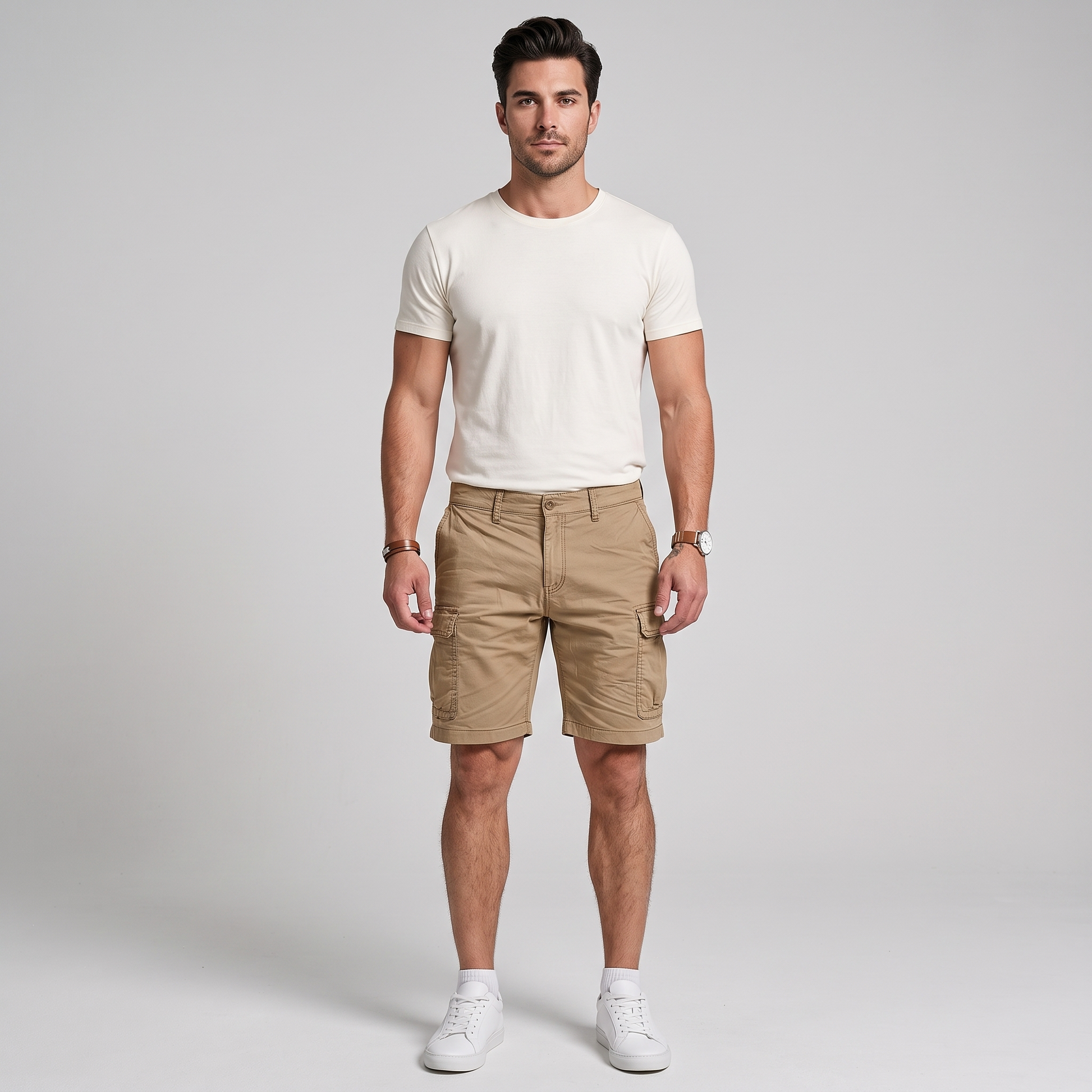 Man wearing Nash tan comfort cargo shorts, front view