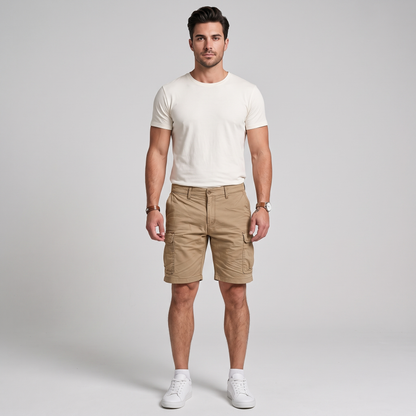 Man wearing Nash tan comfort cargo shorts, front view