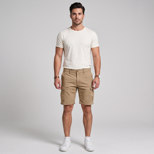 Man wearing Nash tan comfort cargo shorts, front view