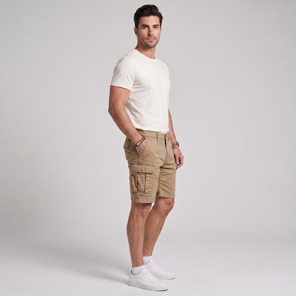 Nash tan comfort cargo shorts, side view showing the thigh cargo pocket