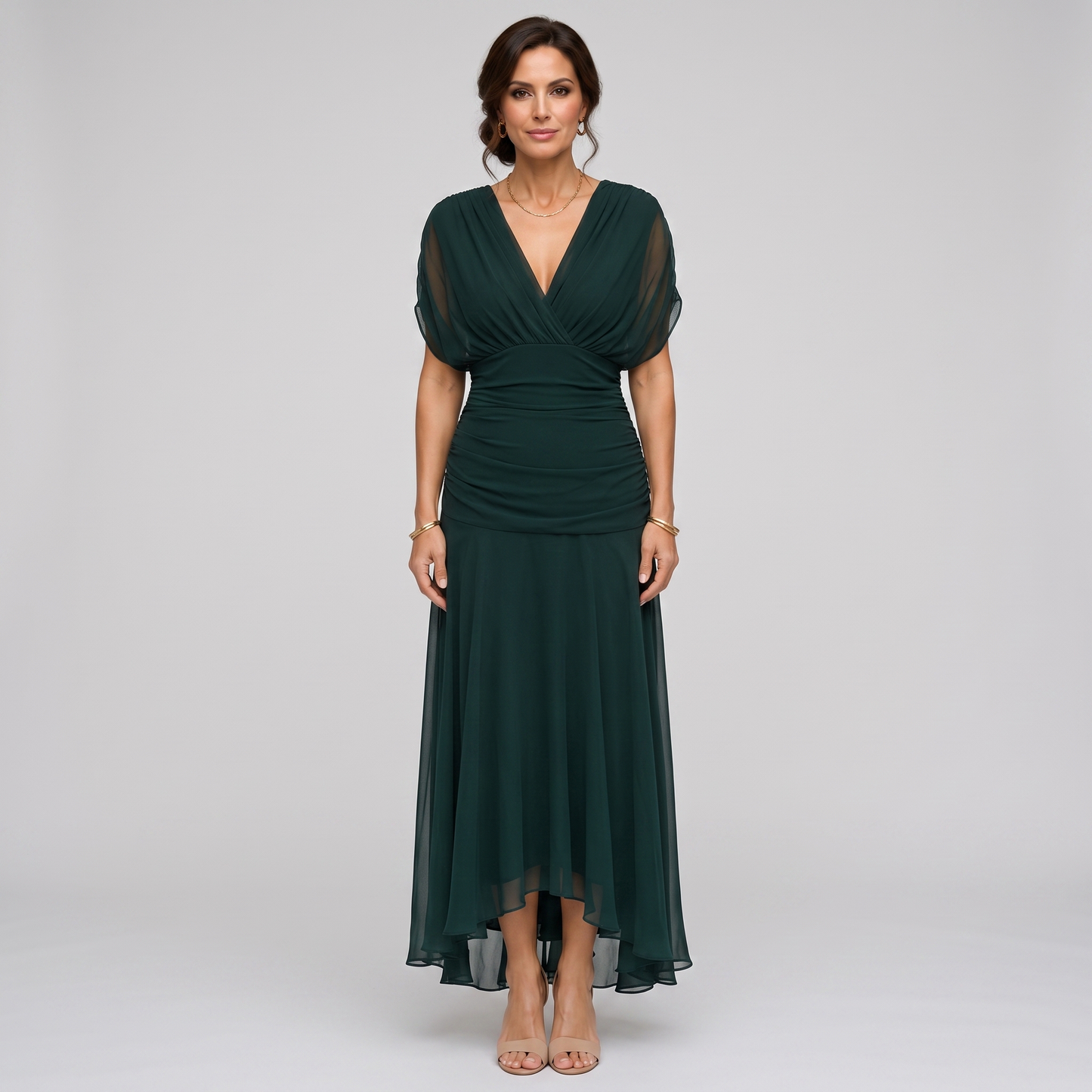 Clara dark green chiffon maxi party dress, deep V-neck and gathered waist, front view
