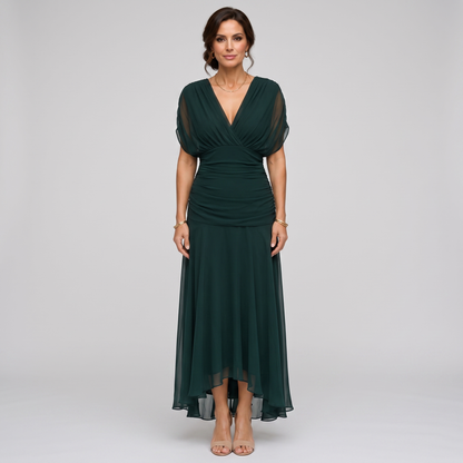 Clara dark green chiffon maxi party dress, deep V-neck and gathered waist, front view