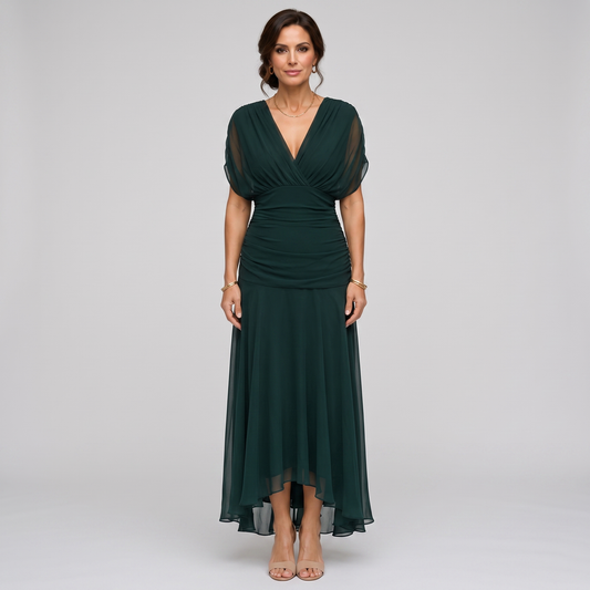 Clara dark green chiffon maxi party dress, deep V-neck and gathered waist, front view