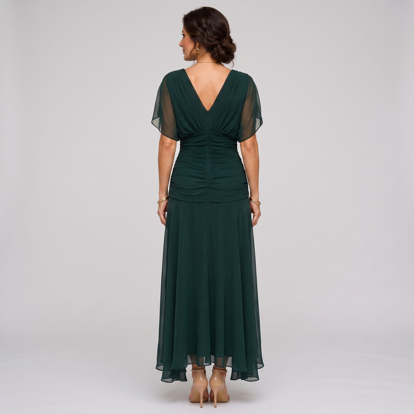 Clara dark green chiffon maxi party dress, back view with deep V back and ruched waist