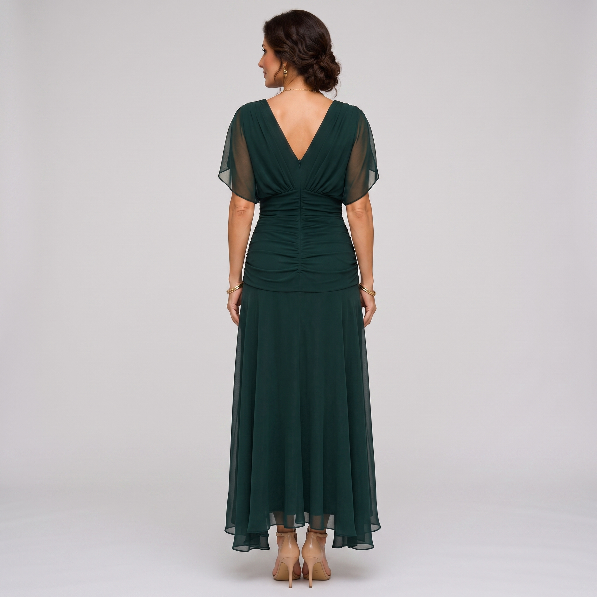 Clara dark green chiffon maxi party dress, back view with deep V back and ruched waist