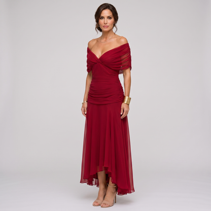 Clara dark red chiffon maxi party dress worn off the shoulder, three-quarter view
