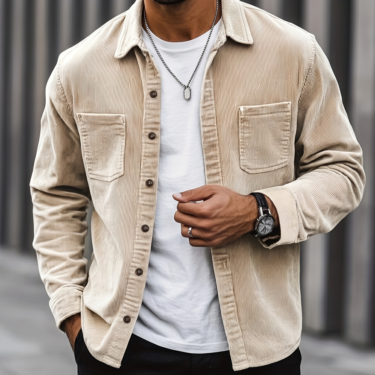 Man wearing the Brooks beige fine-rib corduroy overshirt open over a white tee, cropped torso view on a city street