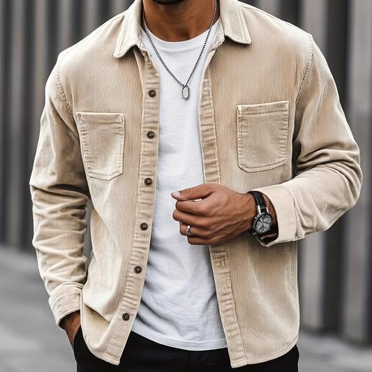 Man wearing the Brooks beige fine-rib corduroy overshirt open over a white tee, cropped torso view on a city street