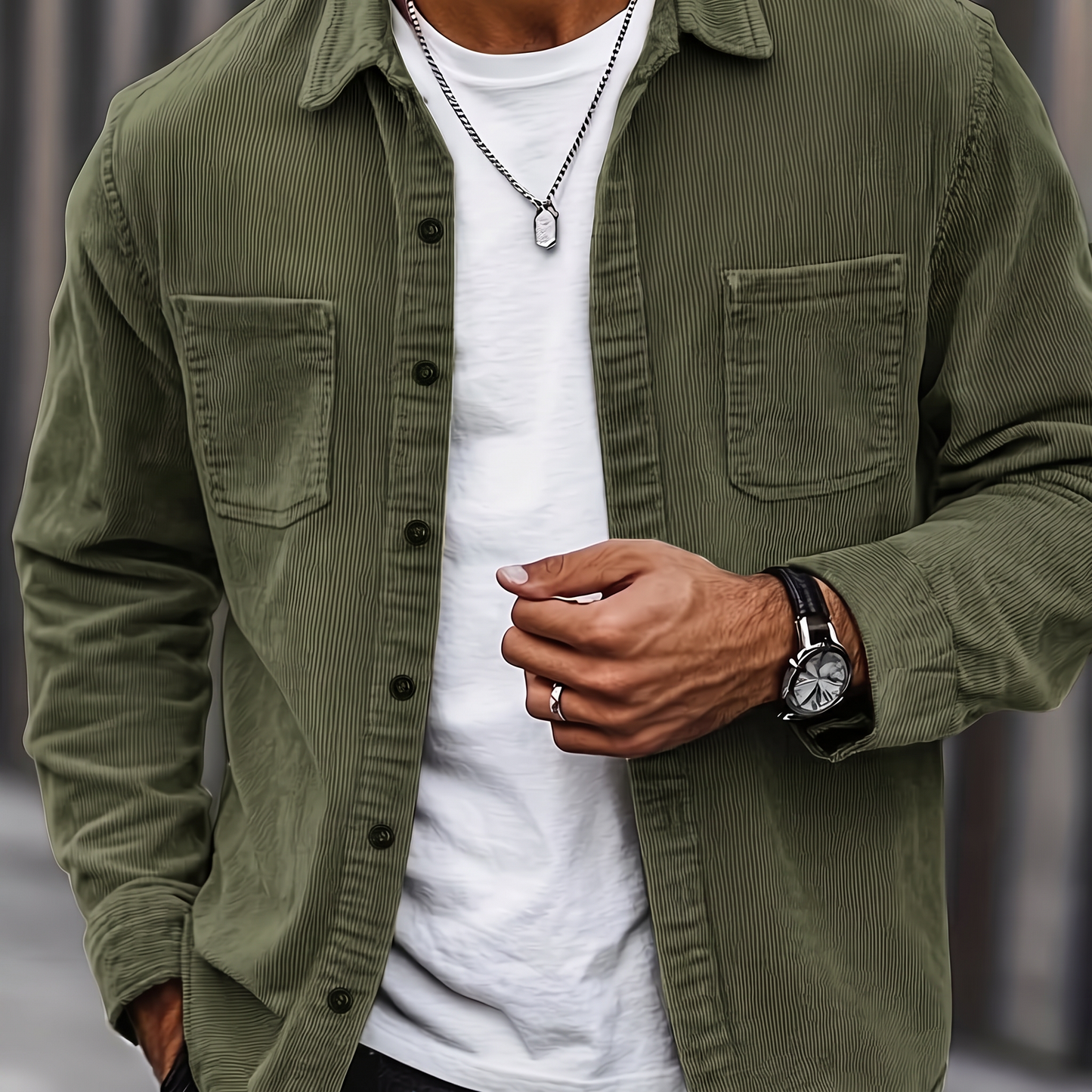 Man wearing the Brooks olive green corduroy overshirt over a white tee, cropped torso view