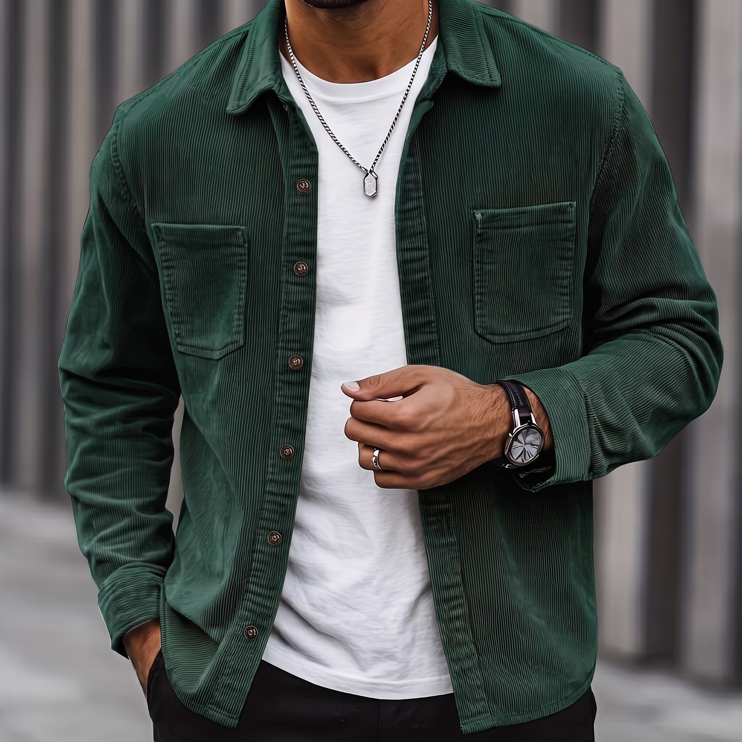 Man wearing the Brooks forest green corduroy overshirt over a white tee, cropped torso view