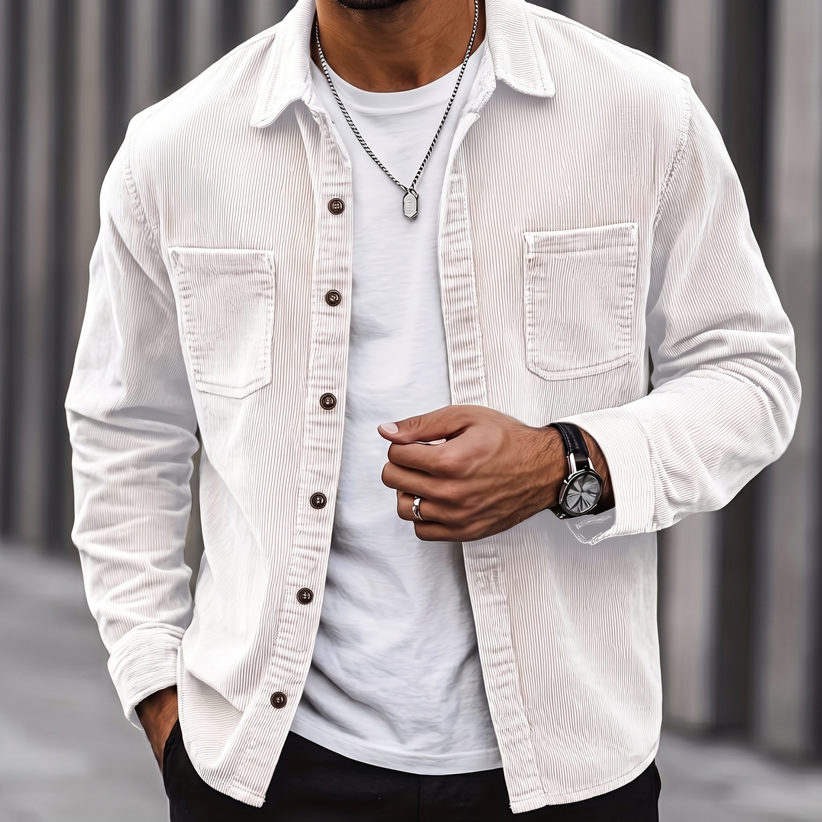 Man wearing the Brooks white corduroy overshirt over a white tee, cropped torso view
