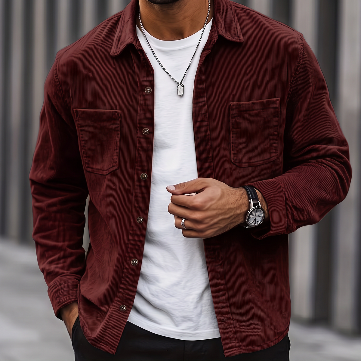 Man wearing the Brooks burgundy corduroy overshirt over a white tee, cropped torso view