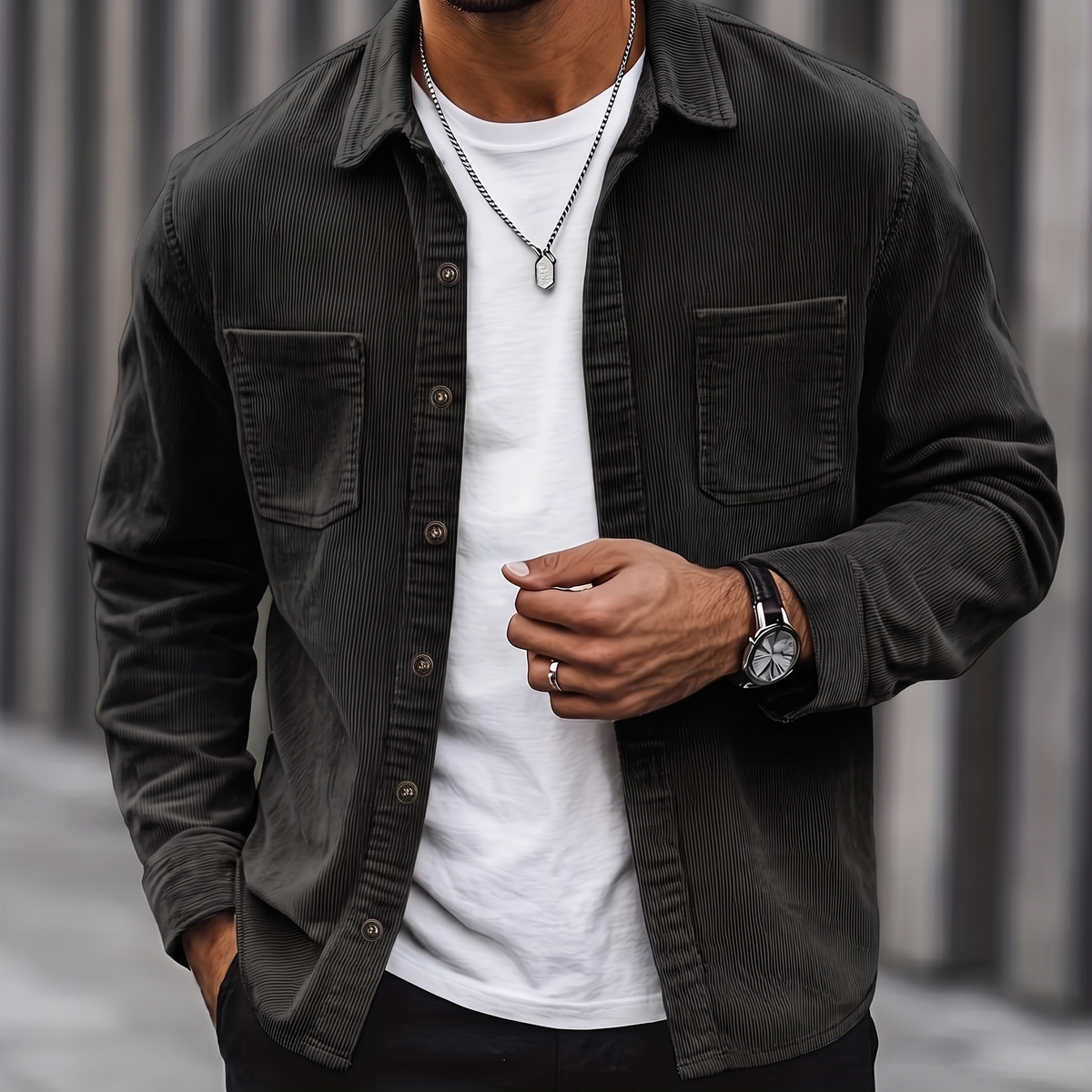 Man wearing the Brooks black corduroy overshirt over a white tee, cropped torso view