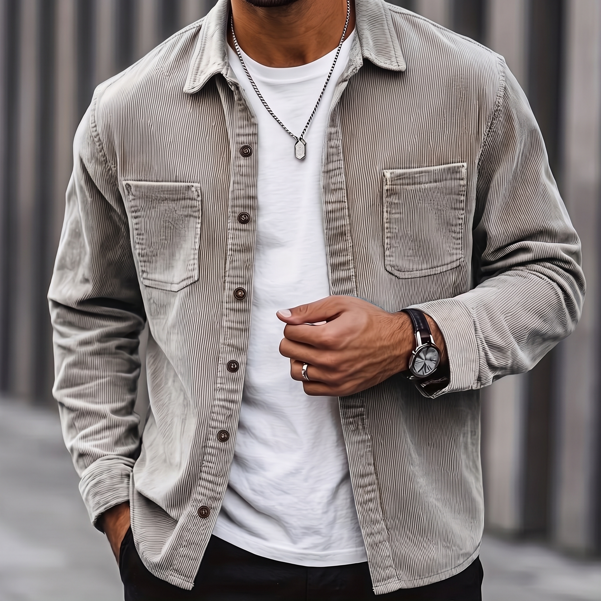 Man wearing the Brooks gray corduroy overshirt over a white tee, cropped torso view