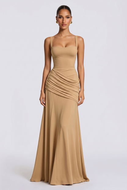 Genevieve ruched square neck maxi dress in tan