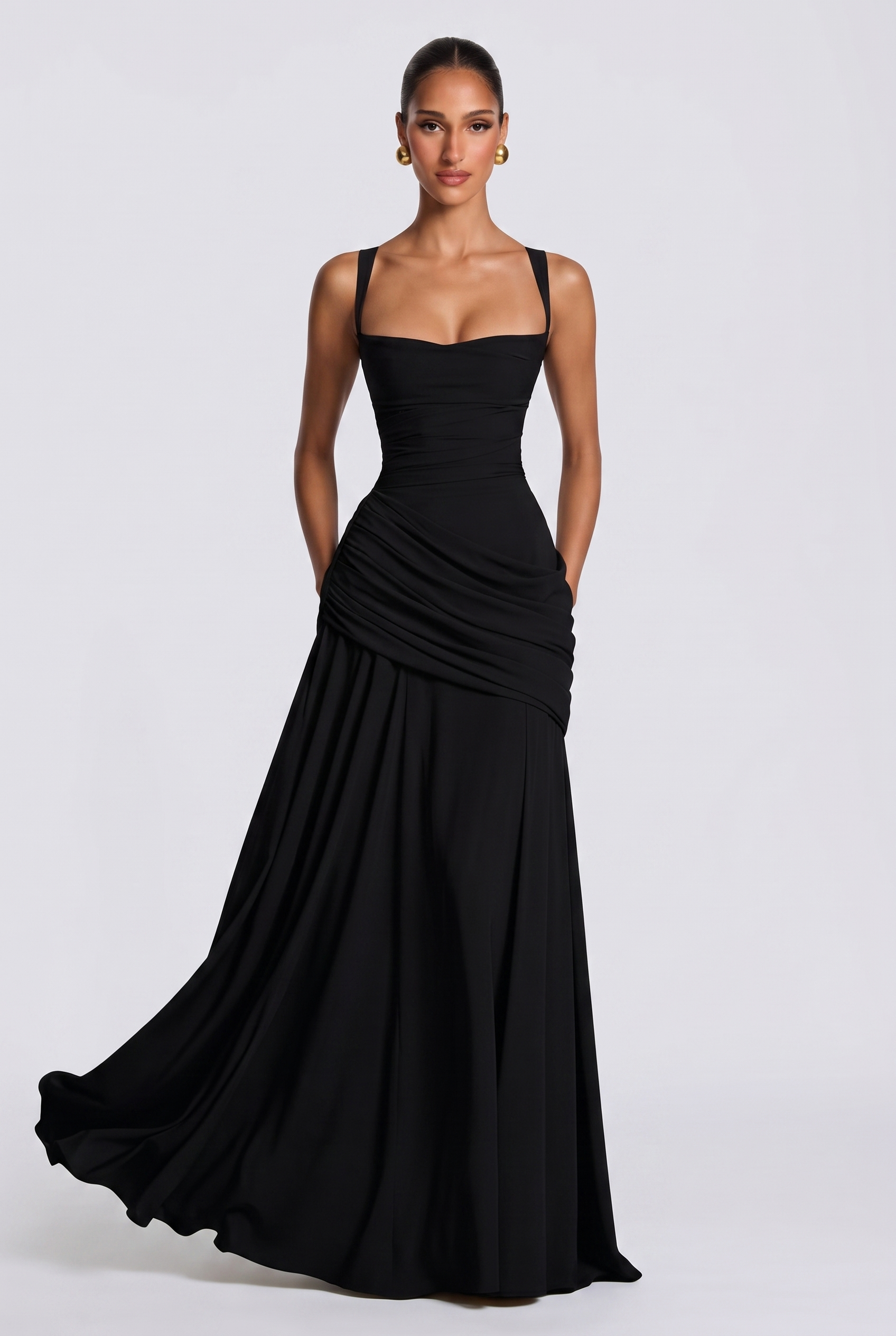 Genevieve ruched square neck maxi dress in black
