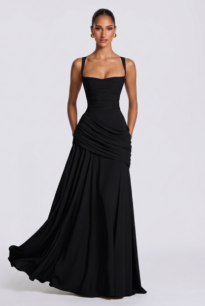 Genevieve ruched square neck maxi dress in black