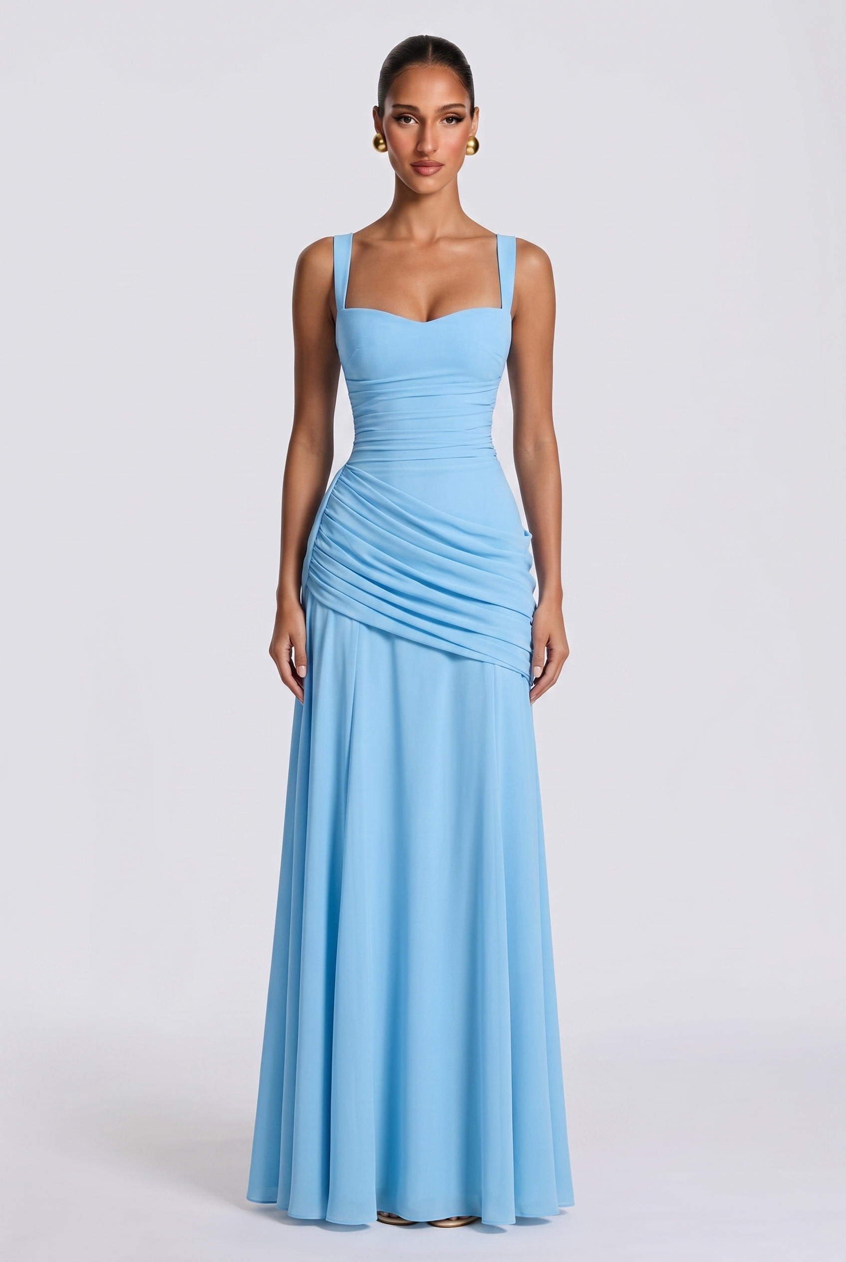 Genevieve ruched square neck maxi dress in light blue