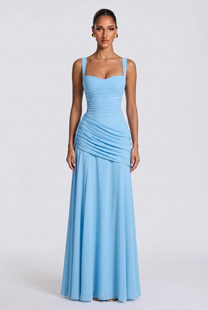 Genevieve ruched square neck maxi dress in light blue