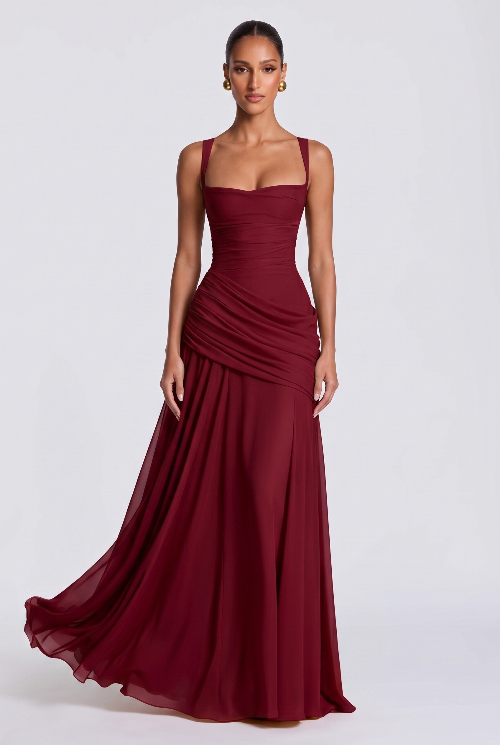 Genevieve ruched square neck maxi dress in burgundy