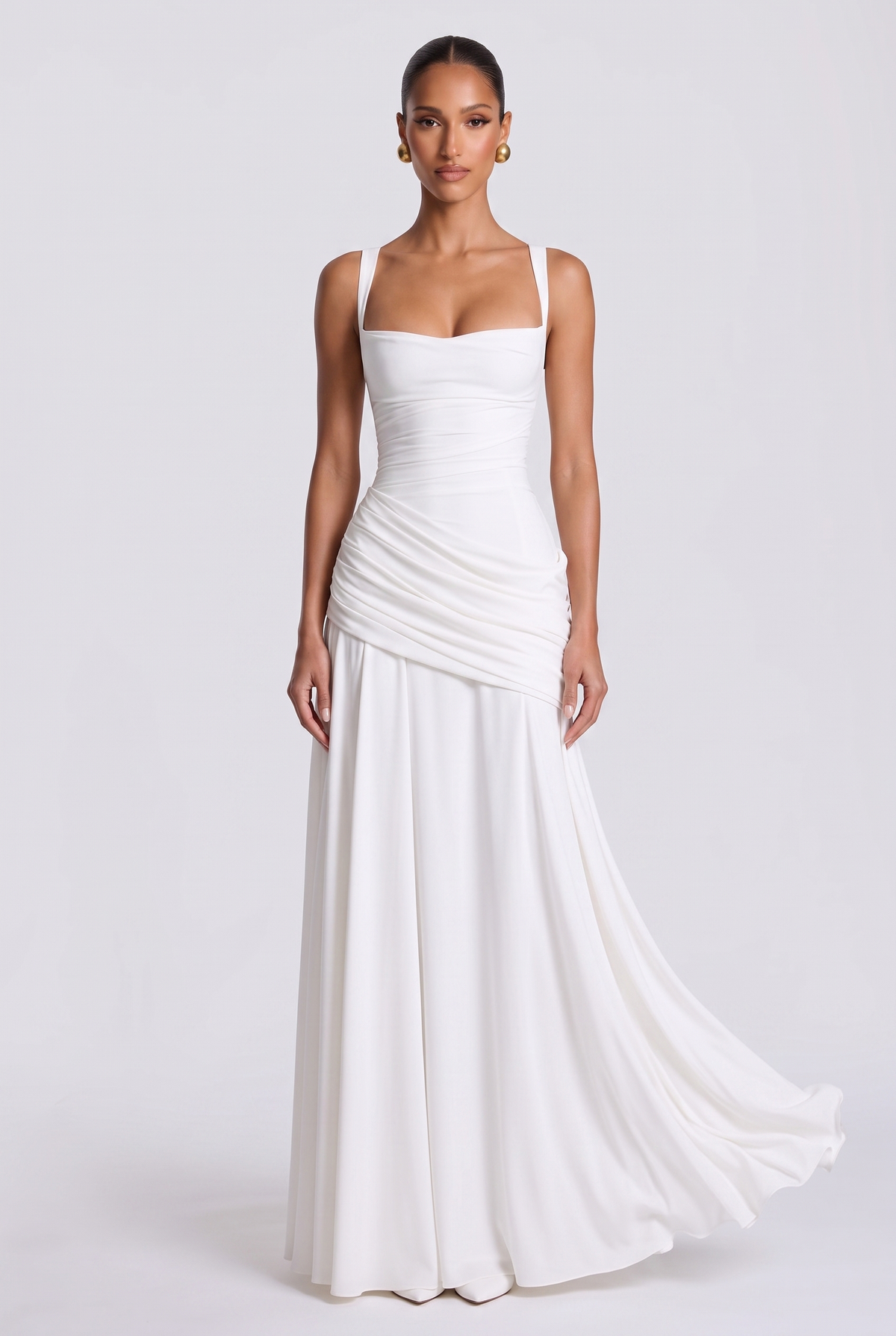 Genevieve ruched square neck maxi dress in white