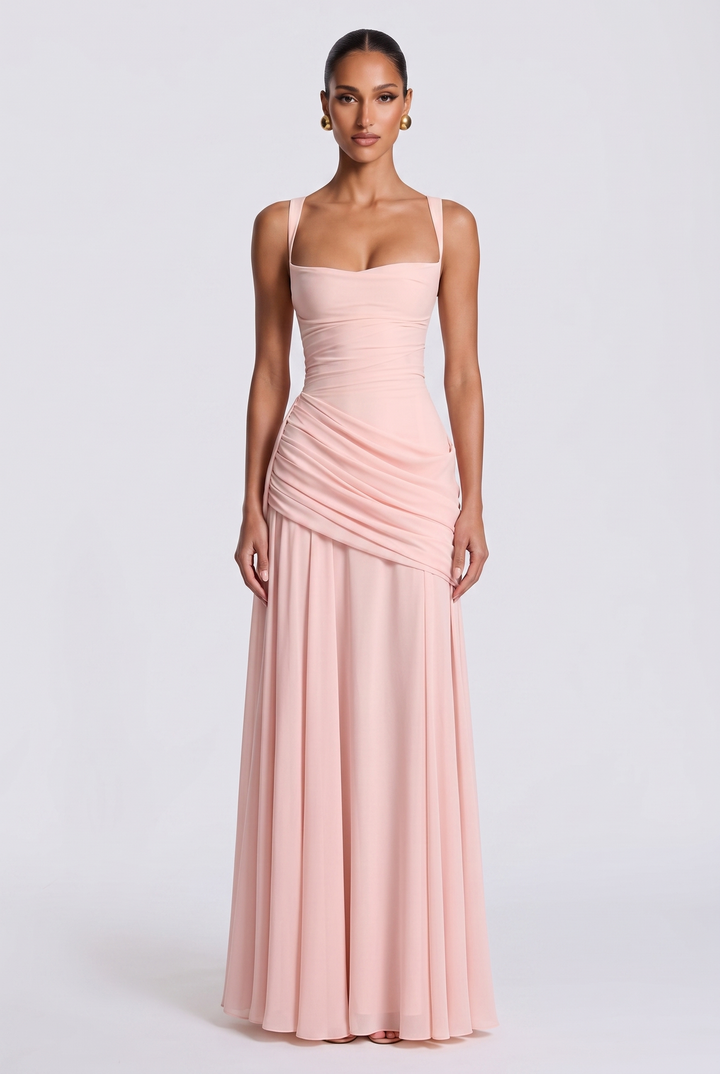 Genevieve ruched square neck maxi dress in blush pink