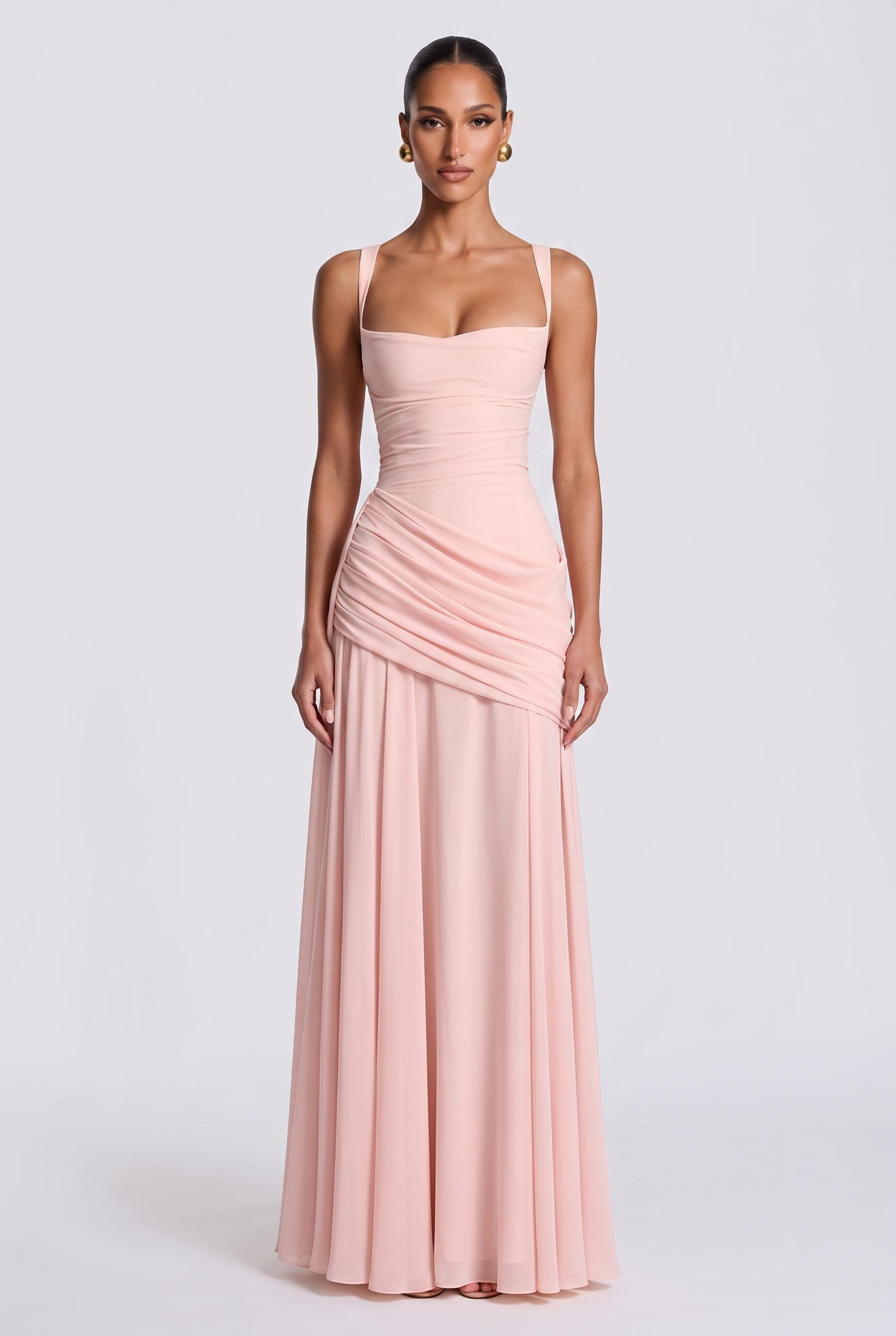 Genevieve ruched square neck maxi dress in blush pink