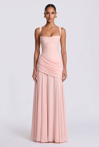 Genevieve ruched square neck maxi dress in blush pink