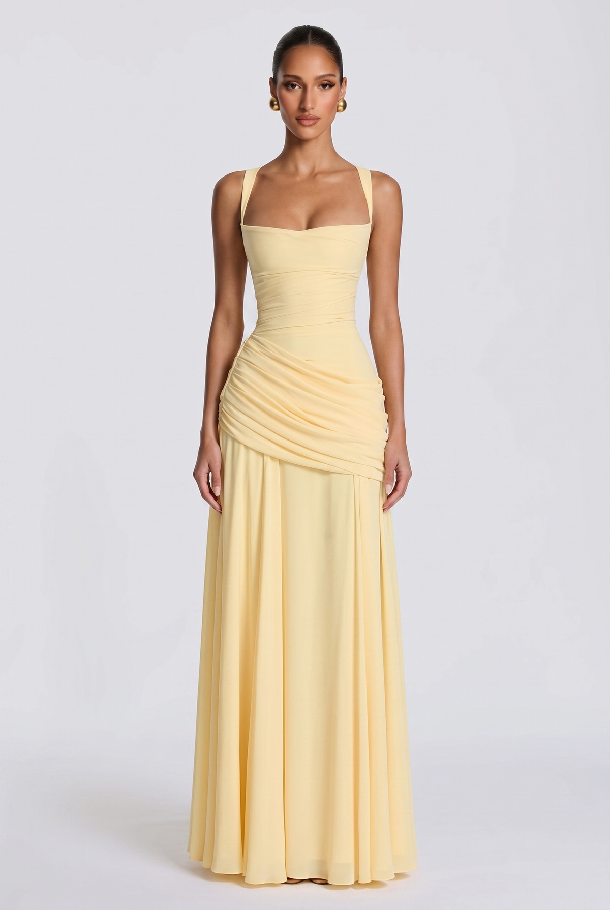 Genevieve ruched square neck maxi dress in butter yellow, front view