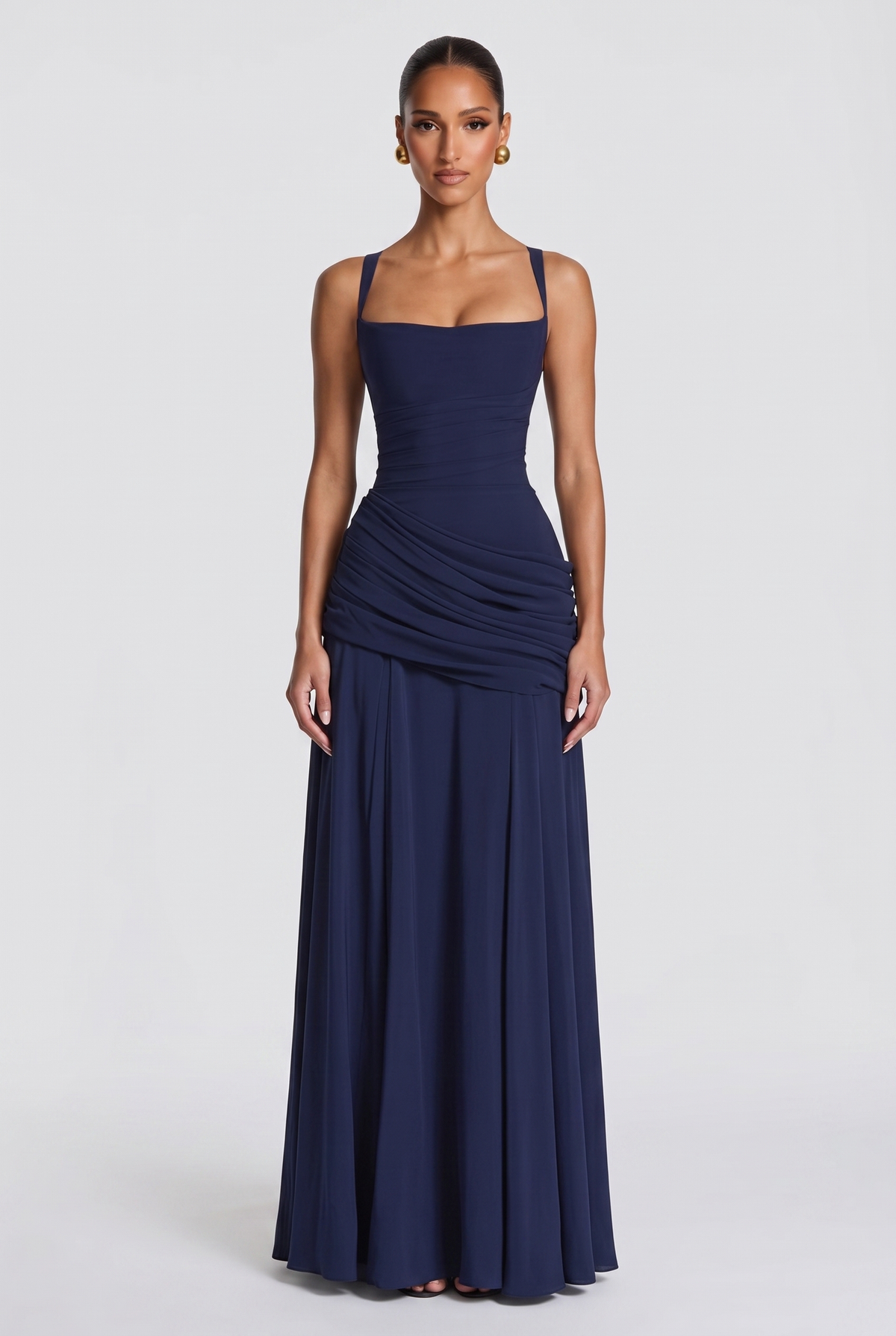 Genevieve ruched square neck maxi dress in navy