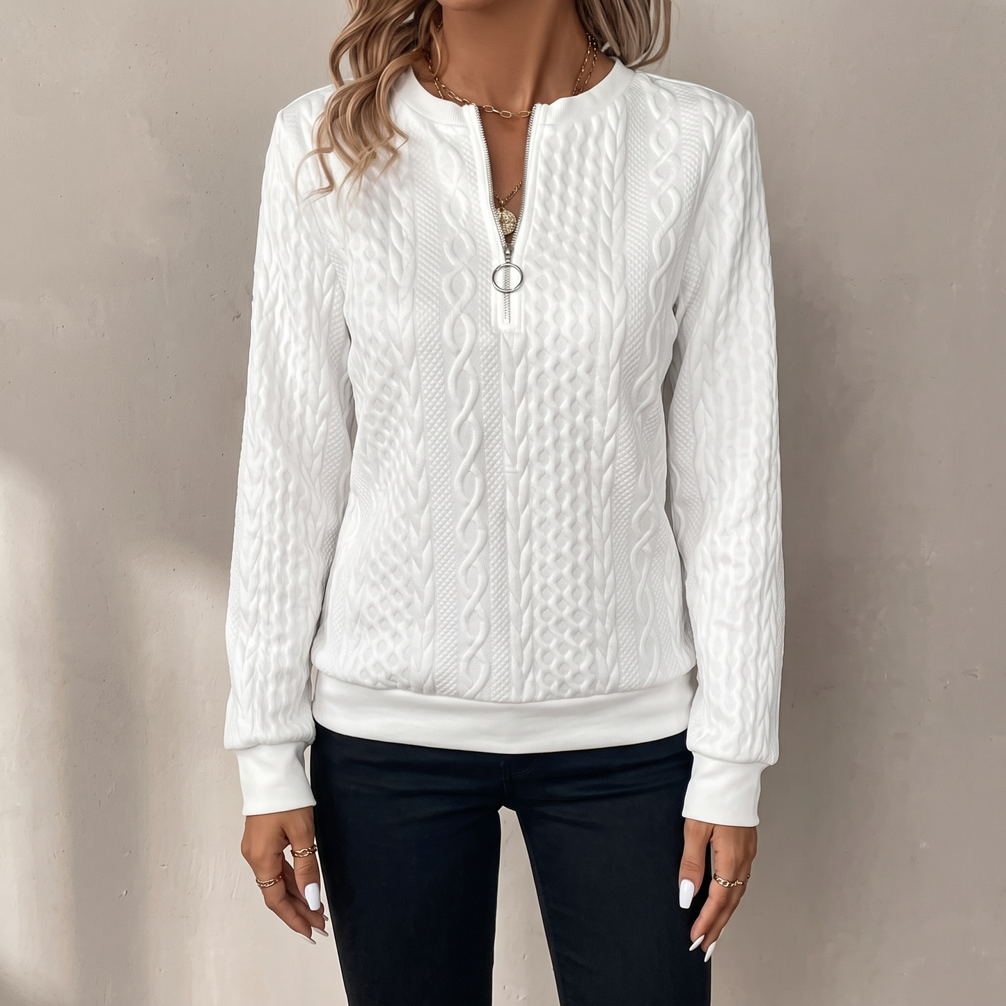 Lucille textured zipper sweatshirt in white, front view